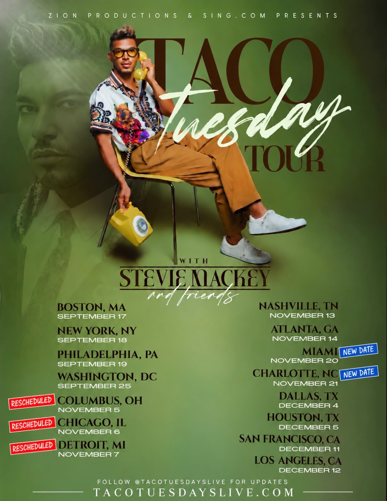 Taco Tuesday Tour with Stevie Mackey and friends — full tour poster with all 15 dates, presented by Zion Productions and Sing.com