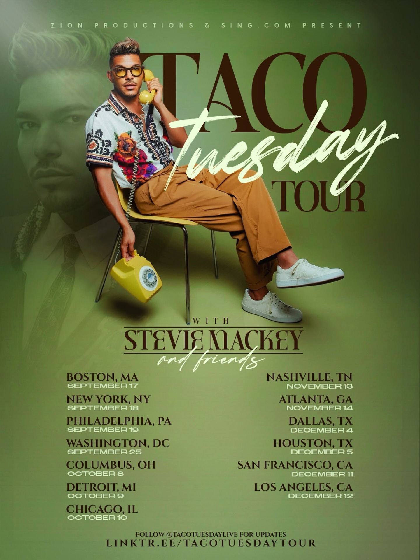 Taco Tuesday Tour with Stevie Mackey and friends — full tour poster with all 13 dates, presented by Zion Productions and Sing.com